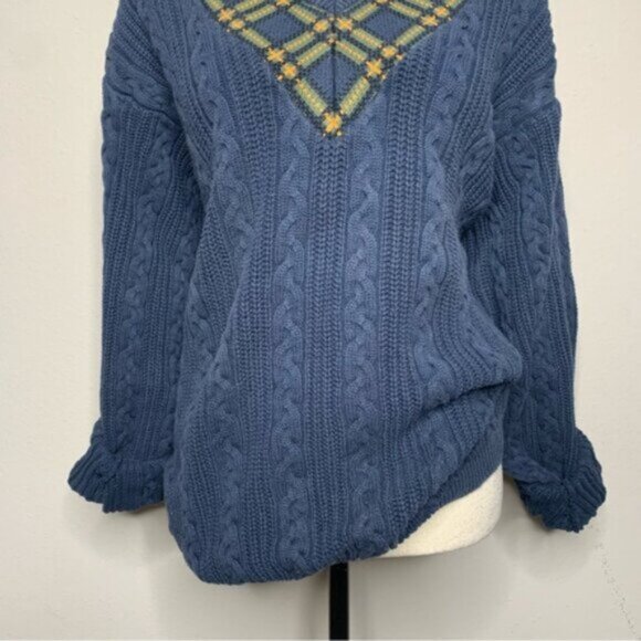 Dockers Vintage Navy Blue Cable Knit Plaid V-Neck Accent Oversized Sweater - Picture 8 of 13